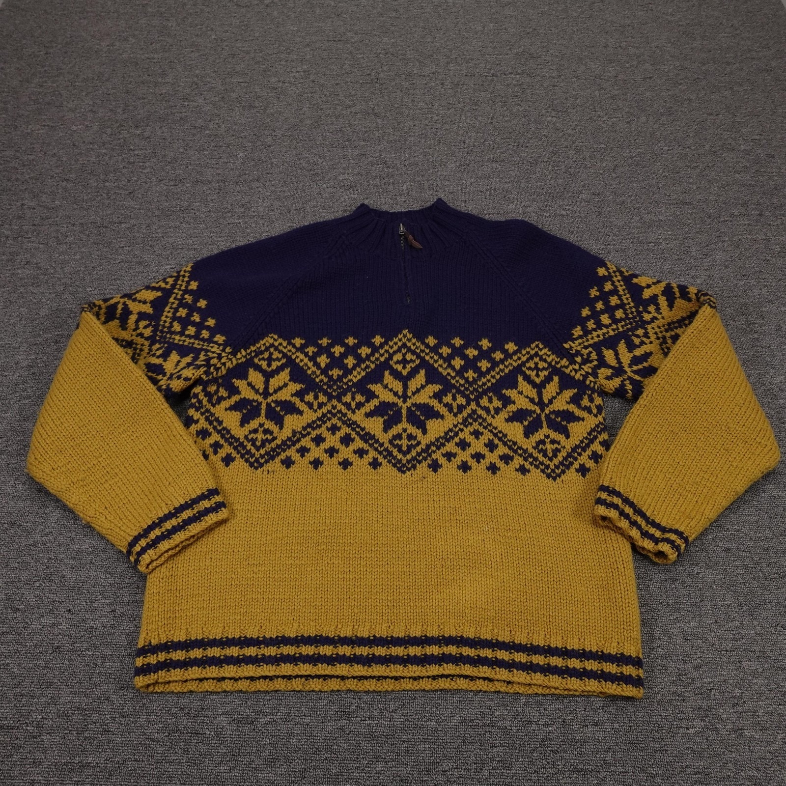 Vintage J Crew Sweater Mens Large Gold Navy Fair Isle Wool 1/4 Zip Mock Neck